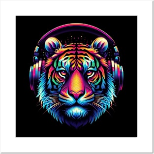 Colorful tiger wearing headphone Posters and Art